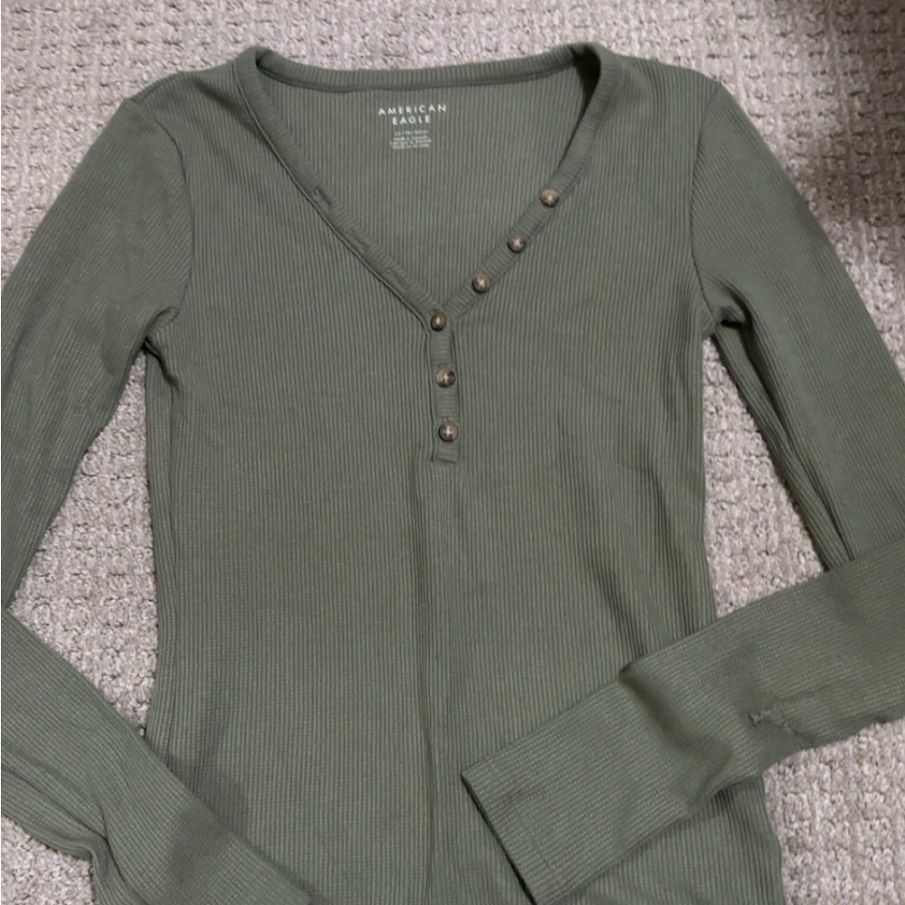 American Eagle Green Ribbed Long Sleeve Top
